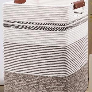 Laundry Hamper - Tall Woven Rope Laundry Basket - Clothes hamper with Leather Handles, 17" X 13.8" X 22", Blanket Storage Basket for Living Room, Rice Brown & White