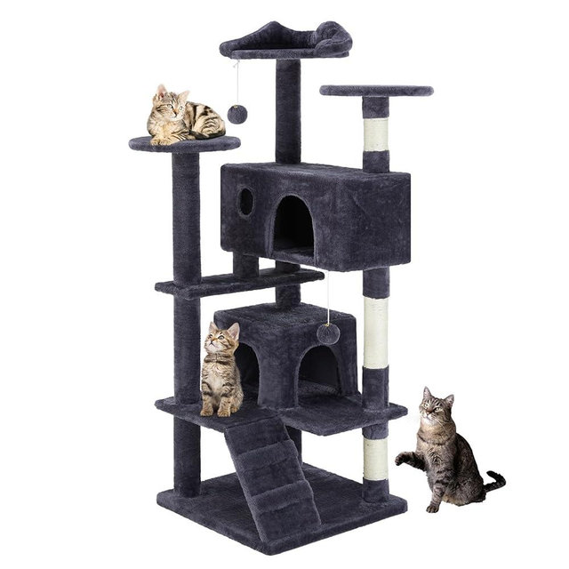 DUMOS 54-inch Indoor Cat Tree Tower –Multi-Level Pet House for Large Cats with 2 Condos, Scratching Posts, Round Platform, Small Ladder, and Toys – Perfect for Cats of All Ages, Dark Grey