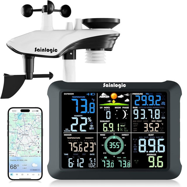 Sainlogic WiFi Smart Weather Station SA9 with 24H/ 7Days Accurate Weather Forecast by Weatherseed® AI, 8.5" Large Display,UV,Sun Light,Rain Gauge,Wind Gauge,2-Year Data Storage & Export（Only 2.4G）