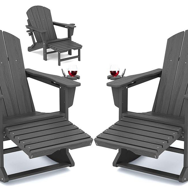 KINGYES Adirondack Rocking Chair Set of 2 with Retractable Ottoman and Cup Holders, HDPE Adirondack Rocker Patio Rocking Chair for Porch, Patio, Balcony, Leaden Grey