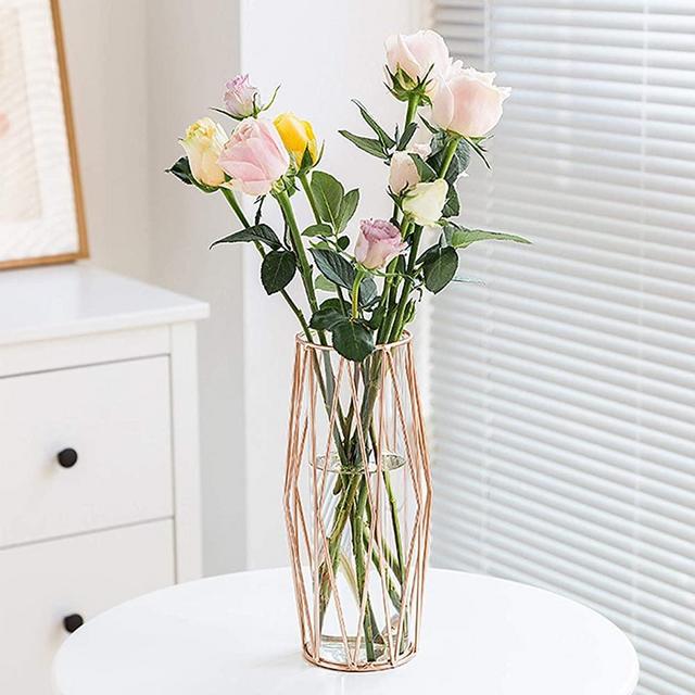 Gelible Geometric Glass Flower Vase with Metal Holder, Crystal Clear Transparent Planter Flowers Vase,Handcrafted Plating Metal Vase,Clear Vase Decor Home Office Wedding Party and Holiday Celebrate