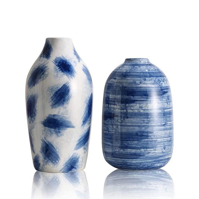 TERESA'S COLLECTIONS Indigo Aquarelle Ceramic Vase, Blue and White Decorative Flower Vase for Home, Kitchen,Office,Wedding or Living Room Decoration (Set of 2)