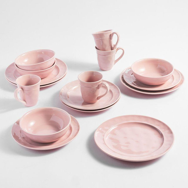 Cambria Stoneware 16-Piece Dinnerware Set, 10 3/4" Dinner Plate with Soup Bowl - Rose