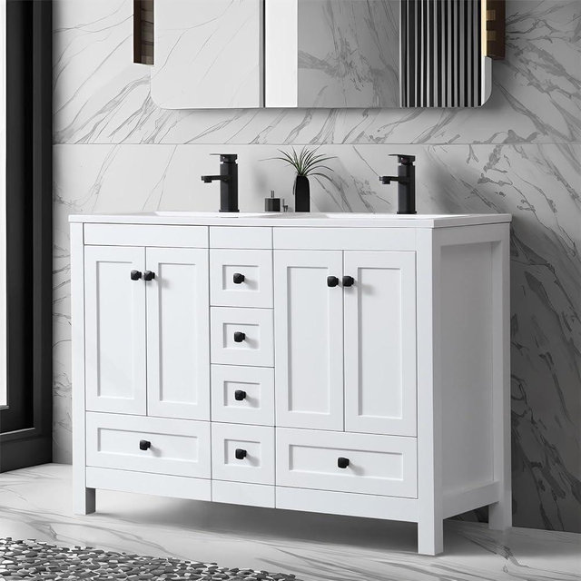 eclife 48" Bathroom Vanities with Sink Combo, Modern Thickened Wood Bathroom Storage Cabinet w/Undermount Double Sink, Matte Black Faucet Drain, Painted Surface, White