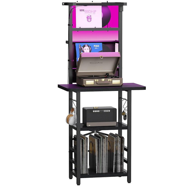 YAKANJ Record Player Stand with Led Light,Record Player Table with Vinyl Storage,Turntable Stand with Record Holder Vinyls Display Shelf for Music Room Studio,Black