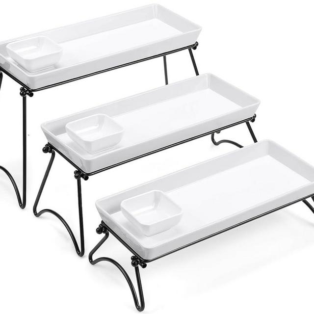 Yedio 3 Tier Serving Tray, Three Tiered Serving Stand, 14 Inch White Porcelain Platters, Collapsible Separated Metal Stands, Tier Serving Tray for Party Entertaining Food Display Cupcake Fruit Dessert