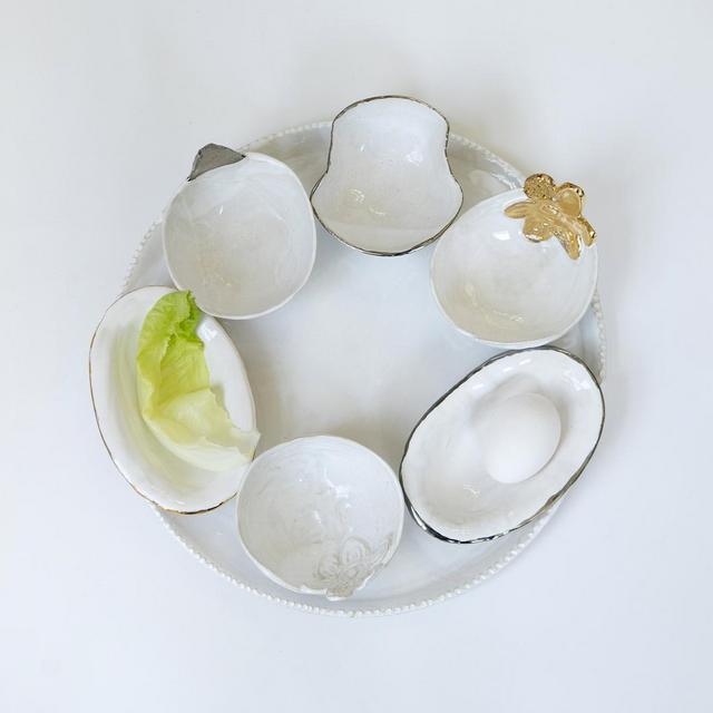 White Ceramic Passover Seder Plate | Ceramic Pesach Plate Set| Judaica Pottery Gift | Modern Plate and Bowls Set
