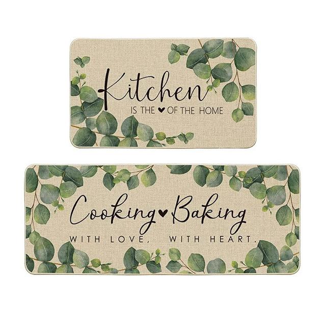 Artoid Mode Eucalyptus Leaves Kitchen Mats Set of 2, Kitchen is The Heart of The Home Cooking with Love Baking with Heart Decorations for Home Kitchen 17 x 29 and 17 x 47 Inch