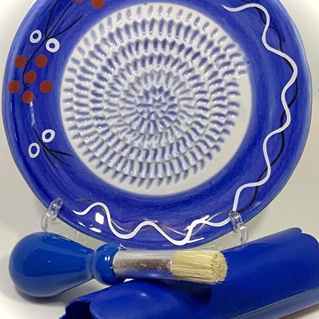 BonCera, All-in-one 4pcs Premium Ceramic Garlic Grater Set - HandMade, Blue Stoneware Design Grater Plate_Garlic Peeler, Gathering Brush, Display Stand, It's also grating Turmeric, Ginger, and more.