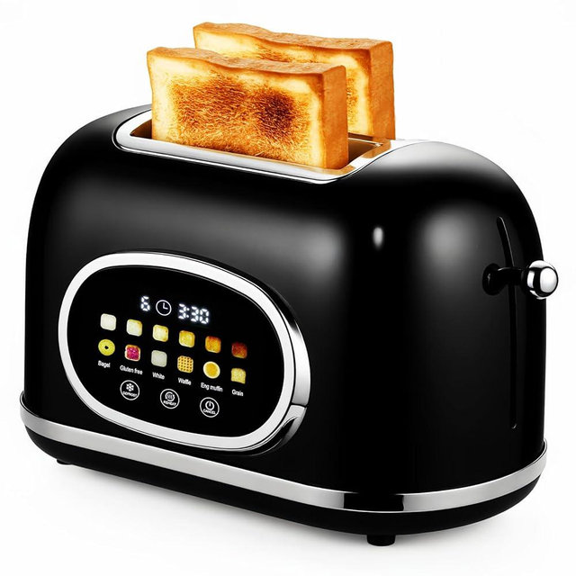 Roter Mond 2 Slice Toaster Smart Touch Screen, Retro Stainless Steel Bread Toaster with Digital Timer, Sleep Mode, Bagel, Cancel, and Defrost Functions, 6 Bread Types and Shade Settings, Black