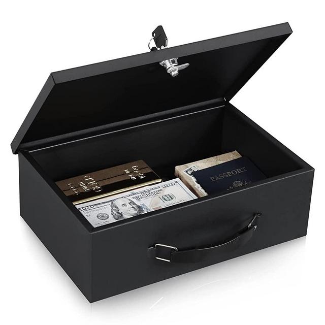 KYODOLED Fireproof Document Box with Key Lock,Safe Storage Box for Valuables,Fire Resistance Security Chest,Fireproof Box for Documents,Passport,Cash,Tablet 12.8'' x 8.4'' x 4.5'' Black