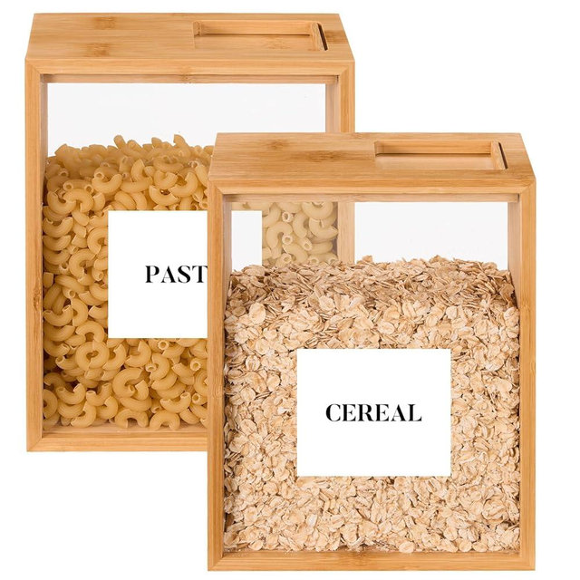 EZFXHD WTER Food Dispenser 2L,2 Pack Easy-to-Clean Bamboo Food Storage Containers Featuring a Removable PVC Door Panel，Cereal Cispensers For Serving Tea,Coffee,Sugar,Candy,Pasta,Spice