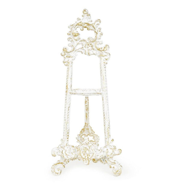 Sungmor Vintage Cast Iron Cookbook Stand, Small Ornate Easel Fleur De Lis Stand, 15.5" Tall Antique White Table Top Display Holder for Recipe Book, Picture Frame, Plate, Home Kitchen Decor