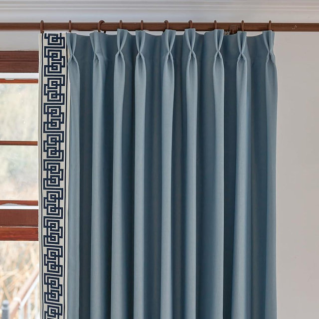 VisionaryHomeDesign Blue Pinch Pleat Linen Room Darkening Curtain Elegant Embroidery Luxury Window Curtain,for Bedroom Living Room Club Theater Patio Door (50‘’W x 108‘’L(Set of 2))