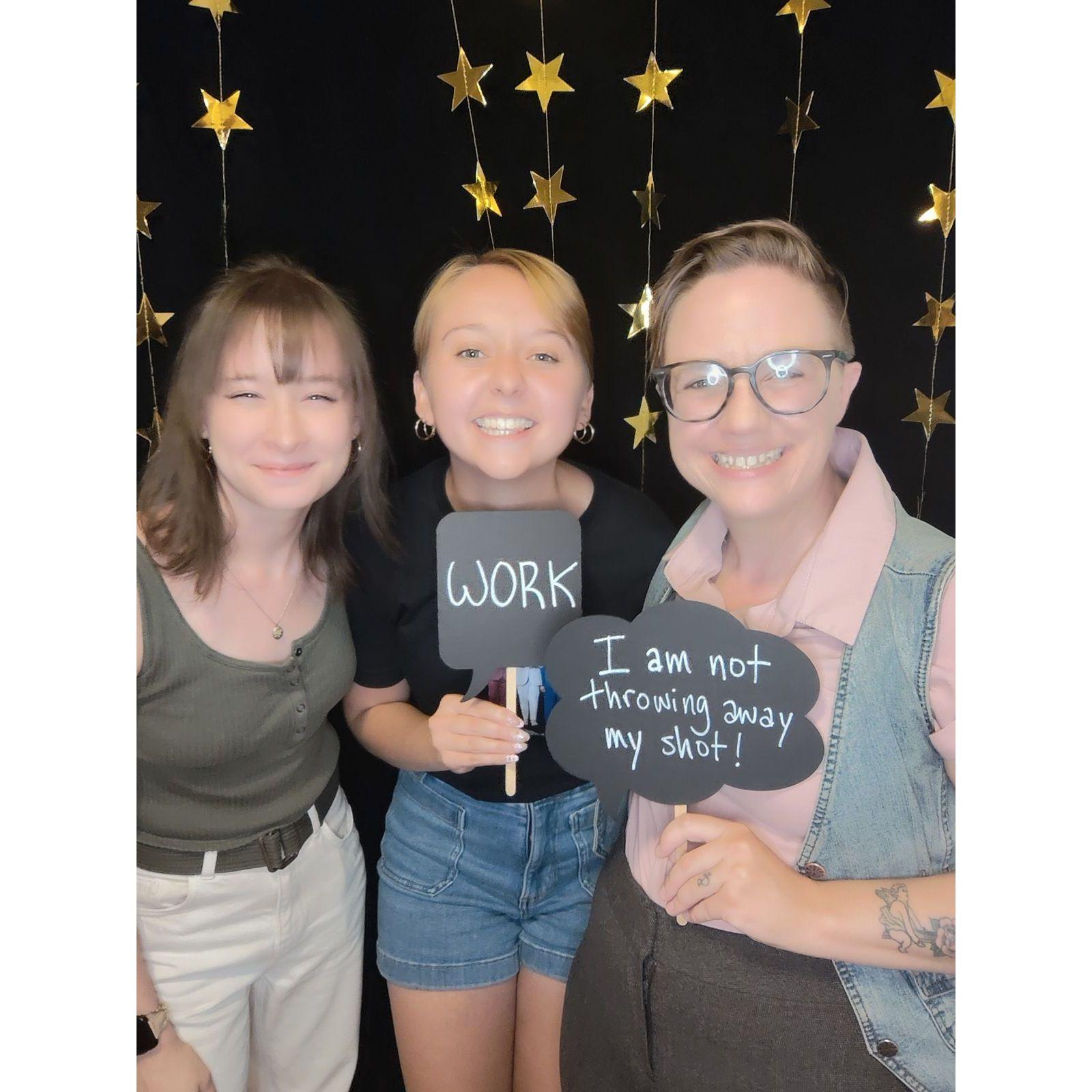 Amanda and Talena celebrating with Steph for their birthday—Hamilton-themed fun all around! 🎭🎉
