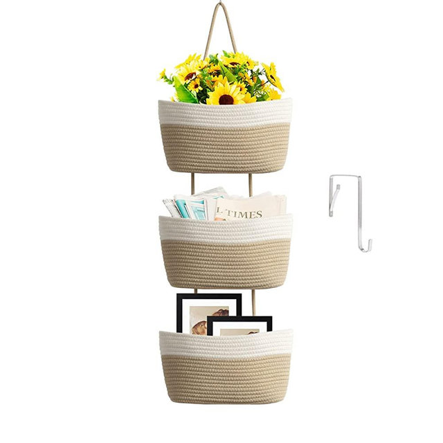 TeoKJ Cotton Hanging Wall Basket, 3 Packs Hanging Storage Basket, Over Door Organizer Hamper for Diaper, Blankets,Magazine and Keys -White&Jute