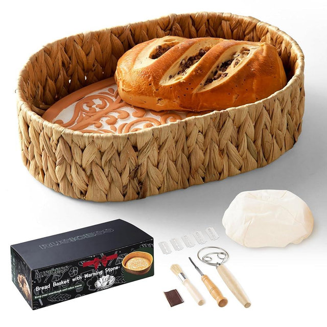 Bread Warmer Basket with Stone -Bread Warmer Basket for Serving Tortilla, Sourdough-Terracotta Bun Warmer -Gift for House Warming, Christmas, Sourdough Baker, Newlywed, Bread Basket with Warming Stone