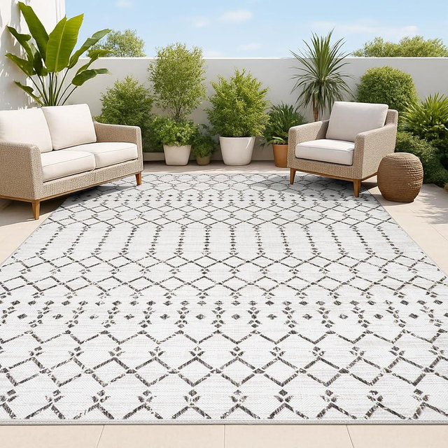 JONATHAN Y Moroccan Geometric Indoor Outdoor Area Rug 8X10 Cream/Black, Ourika Textured Weave for Backyard, Patio, Porch, Easy-Cleaning, High Traffic, Pet-Friendly, Non-Shedding (SMB108I-8)
