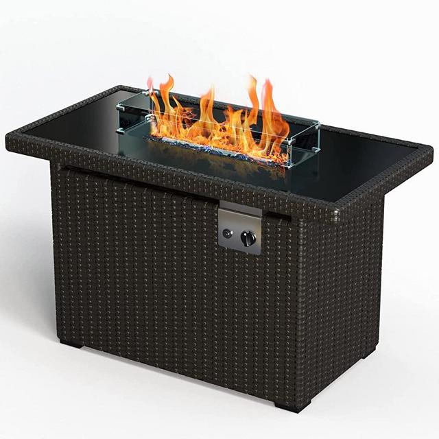 Gorilla Fire Pits 44 inch 50,000 BTU Outdoor Propane Gas Fire Pit Table w/Glass Tabletop & Brown Wicker Body (44", Brown, FPH-BRN)