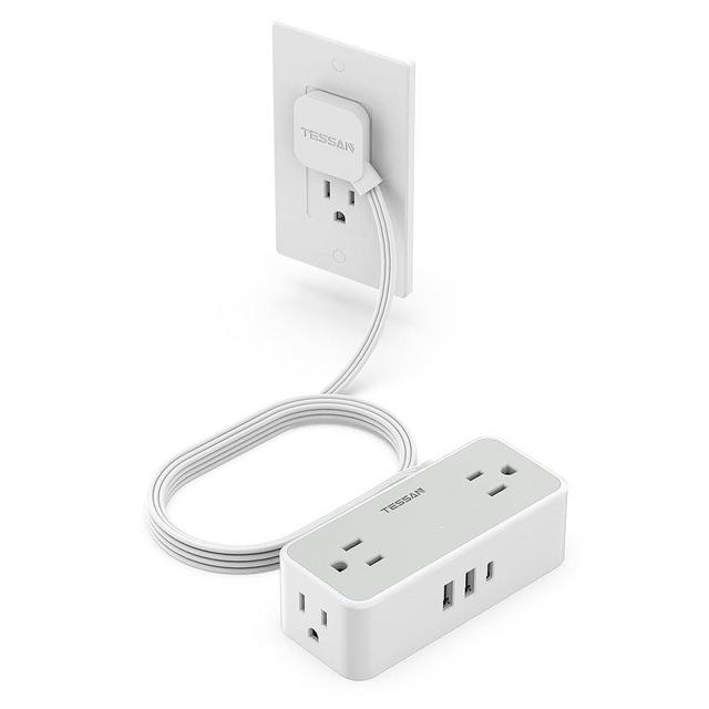 Small Flat Extension Cord, TESSAN 4 Outlets Ultra Thin Flat Plug Power Strip, 3 USB Wall Charger (1 USB C Port), 5 ft Slim Outlet Extender Compact for Cruise Travel School Dorm Room Essentials