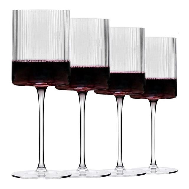 Ribbed Wine Glasses | Unique Fluted Design | Tall Wine Glasses with Long Stem | Fancy and Modern Trend Design | Large Vintage Wine Glasses - Set of 4