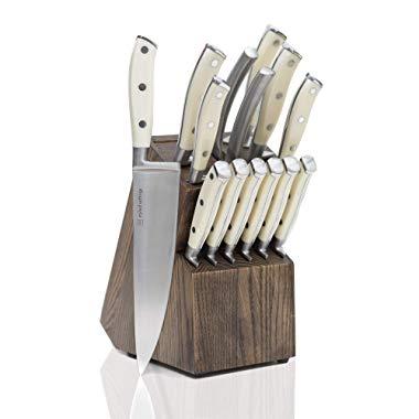 White Knife Set with Block and Sharpener Tool, 14 Piece Knife Set with Block, Stainless Steel Knives Set - Including Heavy Duty Butcher Shears - White Knife Set, Modern Butcher Block Knife Sets