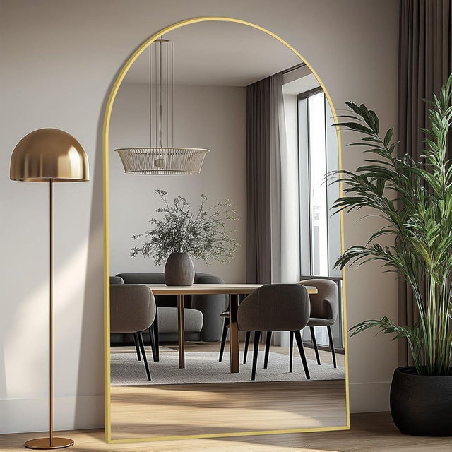 Large Mirror Full Length 76"X44", Oversized Arched Floor Mirror with Stand, Gold Standing Mirror Full Length, Hanging or Wall Mounted for Bedroom Living Room Clothing Store, Tempered Glass