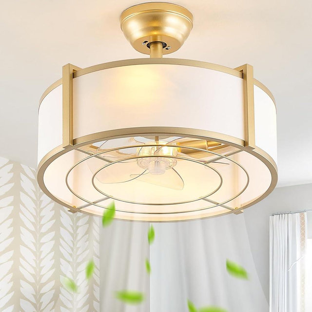 YMKSKJ 20" Gold Fandelier Ceiling Fans with Lights, Boho Rattan Ceiling Fan with Light Remote Control, Caged Mid-Century Modern with 6 Speeds for Bedroom, Nursery, Living Room