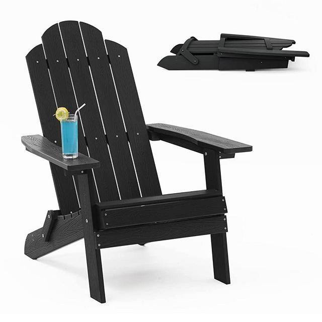 MXIMU Folding Adirondack Chair Weather Resistant Plastic Fire Pit Chairs Adorondic Plastic Outdoor Chairs for Firepit Area Seating Lifetime (Black)