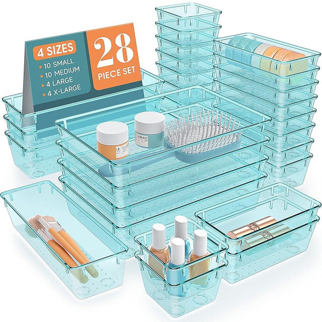 StorMiracle 28 PCS Clear Plastic Drawer Organizers Set, 4 Size Desk Drawer Organizer Trays for Makeup, Jewelry, Kitchen Utensils, Gadgets and Office Accessories, Sea Blue