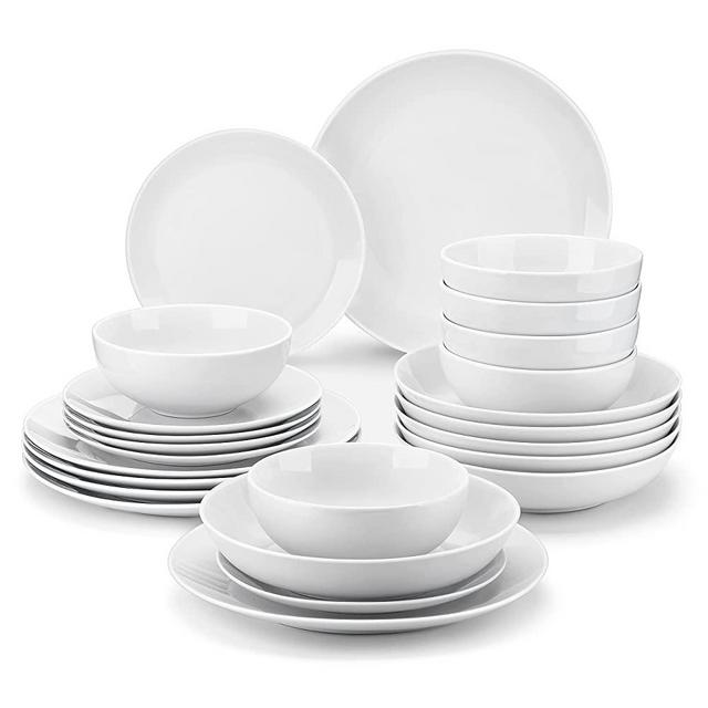 MALACASA Dinnerware Sets, 24-Piece Gourmet Porcelain Plates and Bowls Sets, Modern Round Dish Set for 6, Premium Serving Plate Set for Dessert, Salad, Soup, Pasta, Series AMELIA