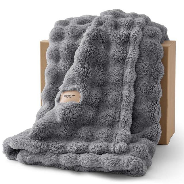 Bedsure 3D Fleece Bubble Blanket for Couch - GentleSoft Grey Throw Blanket for Sofa Bed Room Decor - Luxury Soft Cozy Gifts for Women, Lightweight, All Seasons, Grey, 50"×60"