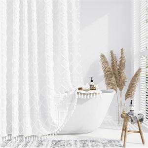 Dynamene White Fabric Shower Curtain, Boho Tufted Geometric Striped Tassel Shower Curtain for Bathroom, Shabby Chic Textured Modern Farmhouse Waterproof Cloth Shower Curtain Set, Wrinkle Free, 72x72