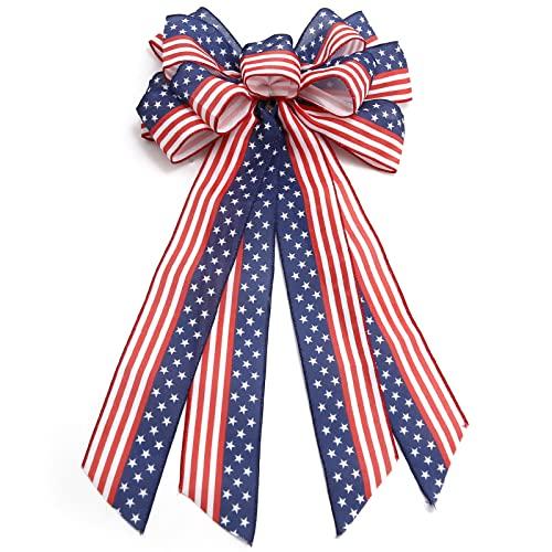 Large 4th of July Patriotic Bows for Wreath,American Flag Wreath Bows Stars Decor American Flag Bow for Indoor Outdoor,Red with Blue Stars Bunting Independence Day Party Holiday Backdrops Decorations