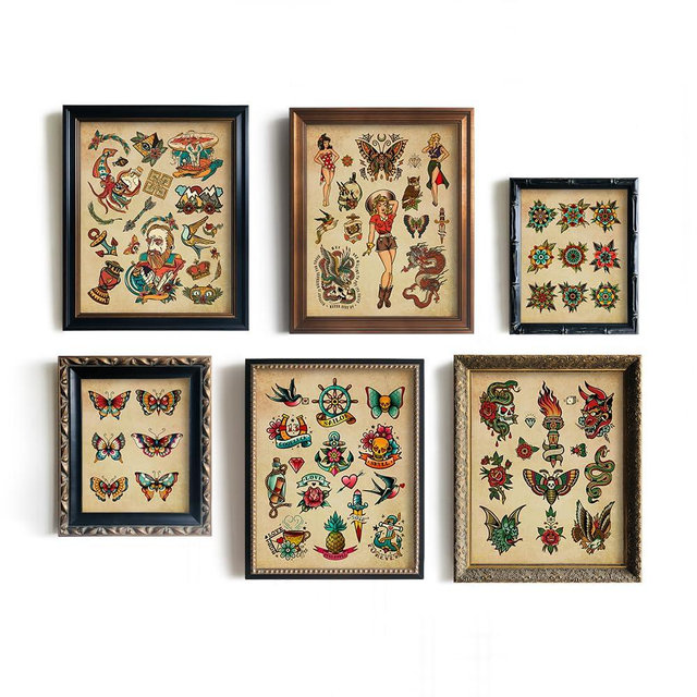 Tattoo Shop Wall Decoration - 11x14 Old School Tattoo Pictures - Vintage Tattoo Poster Picture Set - Gift for Tattooist - Tattoo Flash Wall Art & Decor - Oddity and Curiosity Decor Tattoo Print Room