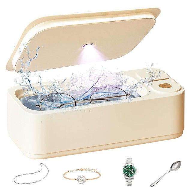 Nkove Ultrasonic Jewelry Cleaner with Retainer-Safe Tray, 4 Timer Modes, 47KHz Ultrasonic Cleaner Machine for Jewelry, Eyeglasses, Necklaces, Retainers, Dentures, Watch Strap (Rimini White）