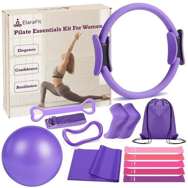 ElaraFit Home Pilates Kit for Women Pilates Equipment Ring and Ball Set Magic Circle Hoop with 5 Resistance Bands Compact Toning Fitness Essentials Starter Set Accessories