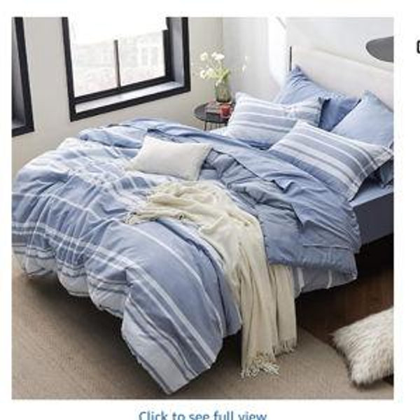 Bedsure Queen Comforter Set 7 Pieces, Blue Striped Bedding Set for All Seasons, Reversible, Cationic Dyeing Bed in a Bag with Comforter, Sheets, Pillowcases & Shams