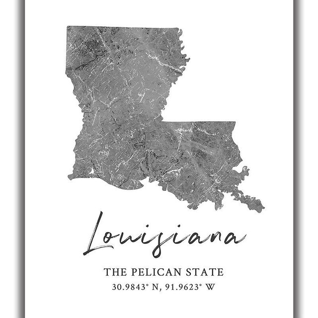 Louisiana State Map Wall Art Print - 8x10 Silhouette Decor Print with Coordinates. Makes a Great Louisiana-Themed Gift. Shades of Grey, Black & White.