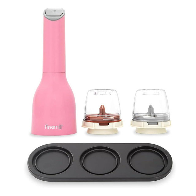 FinaMill Classic Battery-Operated Spice Mill Bundle with Black Trio Stackable Tray – One-Handed Grinder with Interchangeable Pods with Adjustable Coarseness - Valentines Day Gifts for Food Lovers