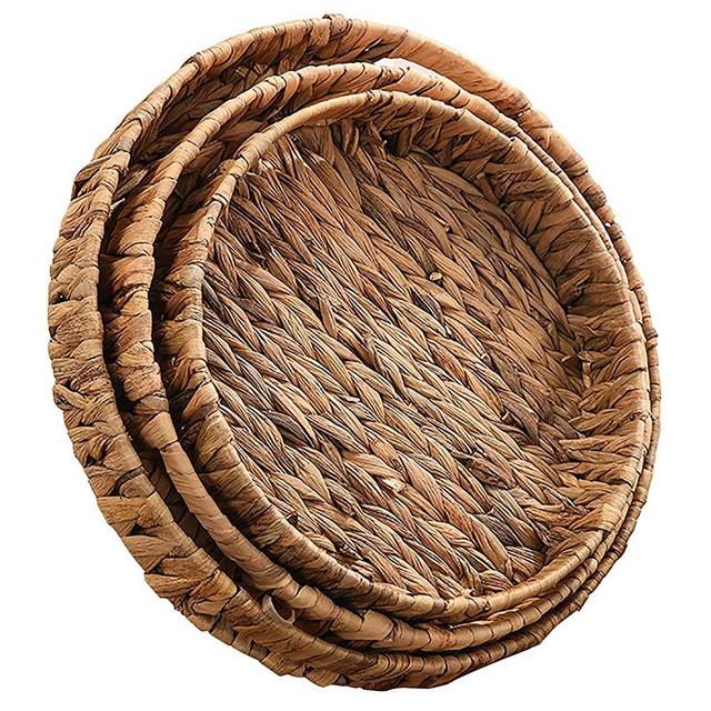 Cedilis 3 Pack Fruit Tray Weaving by Grass, Woven Serving Tray, Round Serving Basket, Decorative Tray Storage Bins for Serving Bread, Fruit, Vegetables, Snack, Tea, Parties Kitchen Organizer