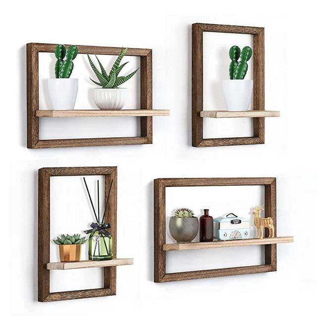 idee-home Floating Shelves for Wall, Rustic Square Floating Shelves Set of 4 Wood Wall Shelves, Hanging Shelves for Wall Decor, Wall Mounted Shelves for Bathroom, Living Room, Kitchen Storage Brown