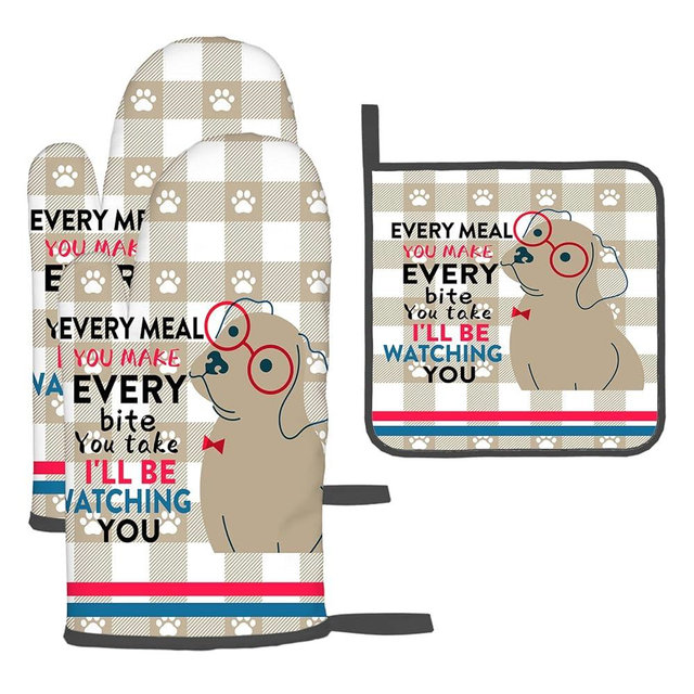 Funny Dog Oven Mitts and Pot Holders Sets of 3 Heat Resistant Hot Pads Cute Oven Gloves for Cooking Grilling Baking Kitchen Decor, Kitchen Gifts for Cooks Baker Cooking Lover Women