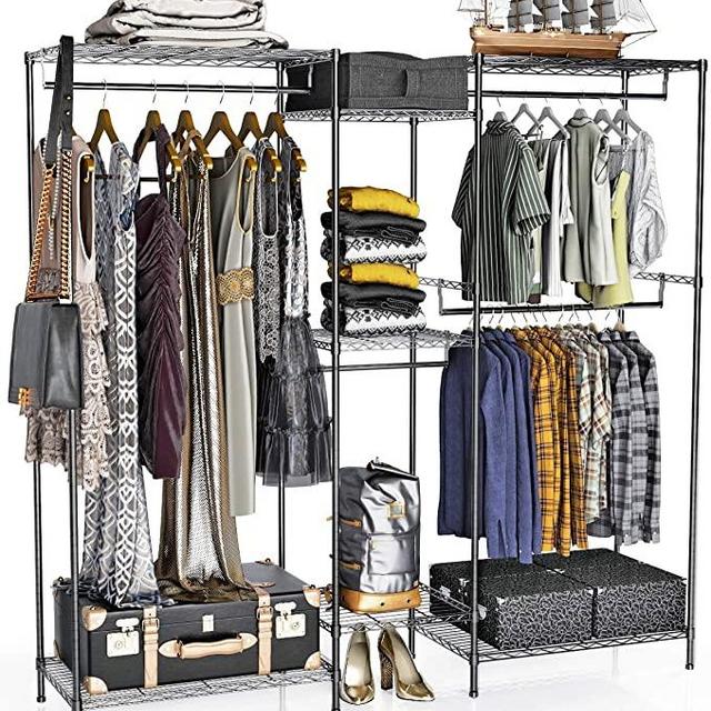 VIPEK 5 Tiers Wire Garment Rack Heavy Duty Clothes Rack Portable Clothes Wardrobe Compact Extra Large Armoire Storage Rack Organizer Hanging Rod Metal Clothing Shoe Rack, Max Load 595.35LBS, Black