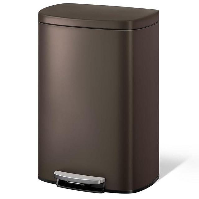 Garvee 13 gal / 50 L Metal Kitchen Trash Can with Lid, Large Rustproof Garbage Can for Kitchen, Step-on Trash Bin with Inner Bucket, Rear Handle, Soft Close Lid, Brown