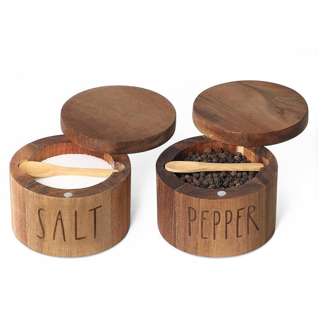 Acacia Wood Spice Box with Swivel Lid and Built-in Spoon for Kitchen Countertop,Farmhouse Kitchen Decoror for Storing Salt, Peppers, Sugar or Seasonings (Labeled “SALT & PEPPER”)
