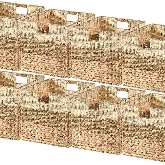 Ornavo Home 13" x 13" Inch Water Hyacinth Storage Basket Set of 8 with Handles | Natural Handwoven Mixed Weave Wicker Organizer Bins for Shelves, Closet, Living Room, Bathroom, Pantry and Laundry