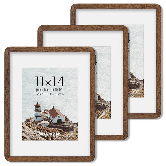 Dreamland 11x14 Picture Frame with Mat for 8x10, USA-Sourced Natural Oak Wood Photo Frames with Resistant Plexiglass, 11 x 14 Handcrafted Round Corner Gallery Wall Frames for Art, Walnut (3Pack)