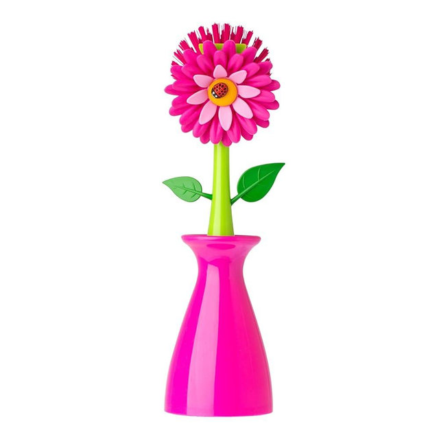 Vigar Flower Power Dish Brush with Handle and Vase Dish Brush Holder, Kitchen Scrub Brush for Pot Scrubber, Dishes, and Sink Cleaning, Pink, Green