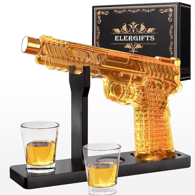 Gun Whiskey Decanter Set for Men Dad, 9 Oz Liquor Decanter with 2 Shot Glasses – Unique Christmas Birthday Gift for Him, Cool Father’s Day Present, Bourbon Scotch Tequila Dispenser for Home Bar